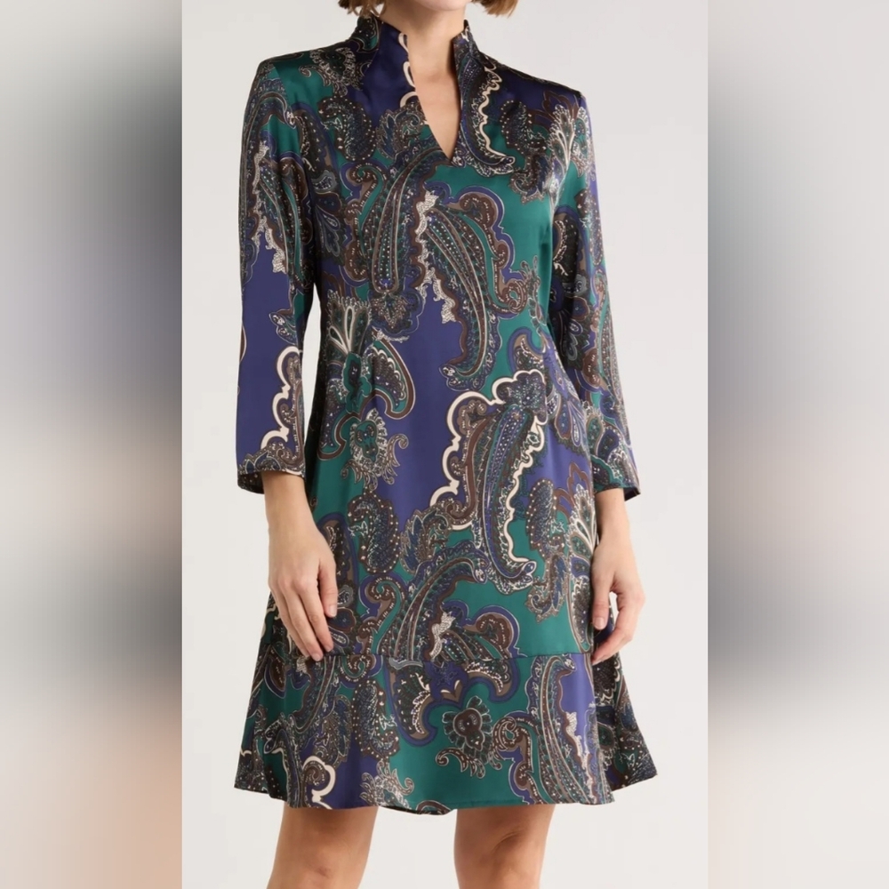 Ming Wang Crepe De Chine Funnel Neck 3/4 Sleeve A-line Midi Dress: Paisley Print